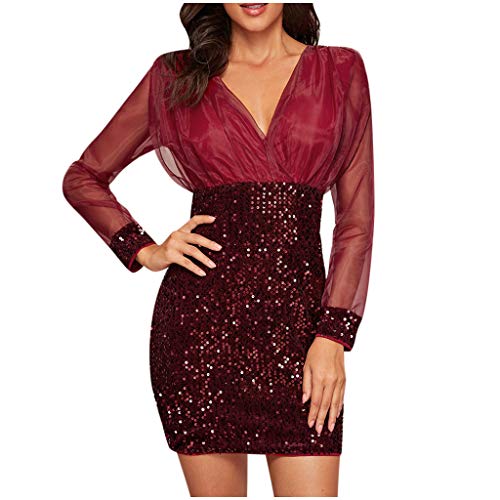 ZODOF Vestidos de Lentejuelas Mujer Sexy Cuello en V Manga de malla Lentejuelas Labor de retazos Casual Elegante Vestido de fiesta Dress vestidos invitada boda