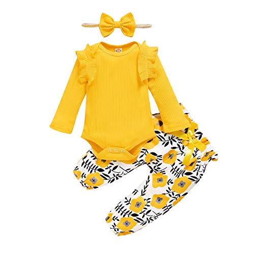 ZOEREA Conjunto de Ropa de Bebé Niña Manga Larga Mameluco con Volantes Mono Body + Pantalones Floral + Venda Recién Nacido Niñas Otoño Primavera Trajes 3 Piezas