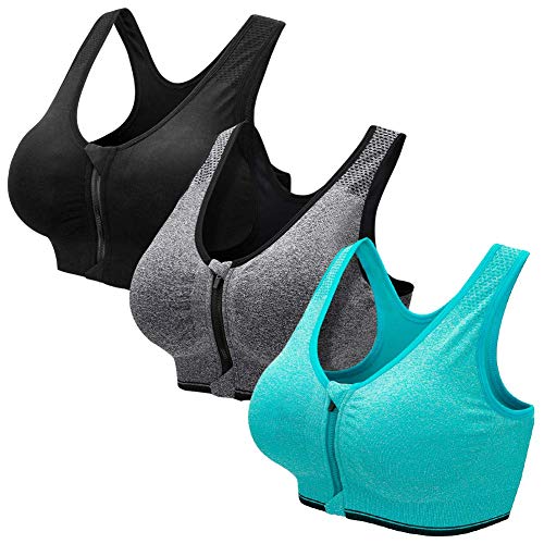 ZOEREA Sujetador Cierre Delantero Deportivo para Mujer Gimnasio Ropa con Almohadillas Extraíbles para Correr Sin Costuras Yoga Fitness (L: fit 80C 80D 85A 85B 85C, Negro + Gris + Verde 1)