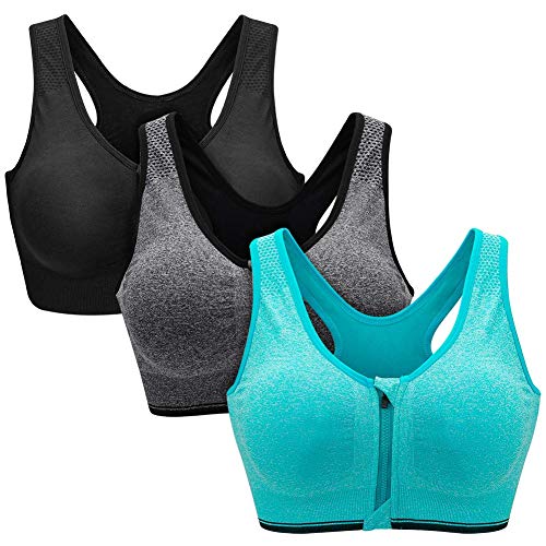 ZOEREA Sujetador Cierre Delantero Deportivo para Mujer Gimnasio Ropa con Almohadillas Extraíbles para Correr Sin Costuras Yoga Fitness (L: fit 80C 80D 85A 85B 85C, Negro + Gris + Verde 1)