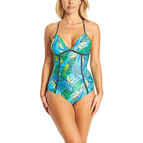 Zoggs Corsica - Bañador de una Pieza para Mujer con Lazo en T, Mujer, Traje de baño de una Pieza de Tela ecológica, 120319034, Turq/Multi, 34-Inch/Size 10