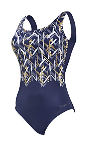 Zoggs Traje de baño de una Pieza de Tela ecológica Scoopback para Mujer con Control de Abdomen y Copas de Espuma, Mujer, 101219238, Oro/Marina/Metallix, 38-Inch/Size 14