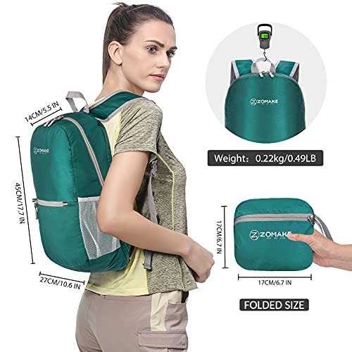 ZOMAKE Mochila Plegable Ligera 20L, Mochilas Pequeñas para Hombre Mujer, Mochilas Compacta para Viajar Senderismo(Verde Oscuro)