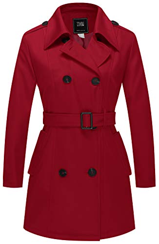 ZSHOW Gabardina para Mujer Chaqueta con Solapa de Tormenta Abrigo con Charreteras en Los Hombros con Cinturón Abrigos con Cierre de Botón Cruzado a Prueba de Viento Mujer Rojo Large