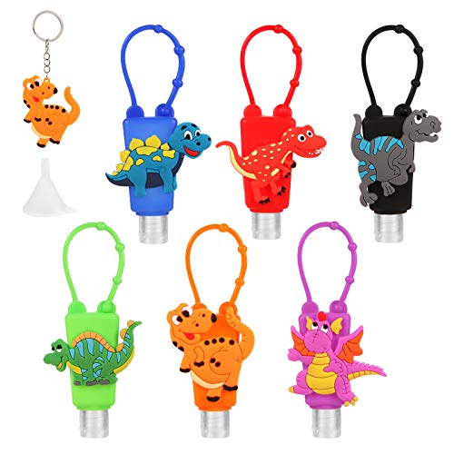 ZStarlite 6 Botellas de Viaje Niños de Silicona Mini de 30ML con Llavero de Plástico a Prueba de Fugas de Dibujos Animados Rellenable Contenedor para Escuela, Viajar y Uso Diario(Dinosaurio)