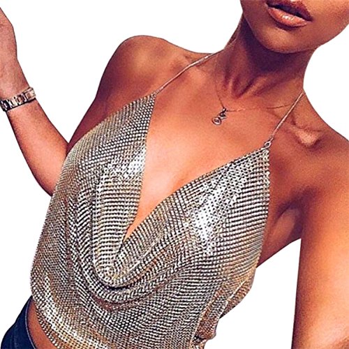 ZUMUii Butterme Mujeres Sexy Profundo V Cadena Halter Sin Mangas Chaleco Sin Respaldo de Metal Lentejuelas Crop Top Club Wear(Plata)