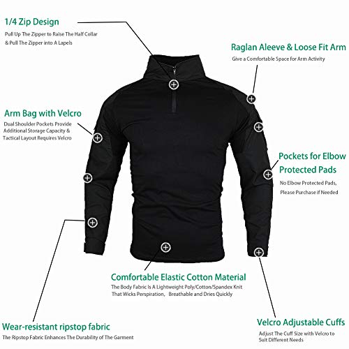 zuoxiangru Camiseta de Combate táctica para Hombres, Camisa Multicam Transpirable Ripstop para Caza Militar Airsoft (Negro, Tag 3XL)