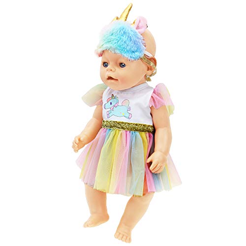 ZWOOS Ropa para Muñecas bebé, Vestido de Unicornio con Diadema para 18" Muñecas (40-45 cm)
