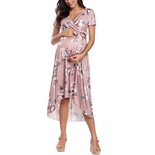 ZXQC Embarazo De Las Mujeres Amamantando El Vestido Floral Casual, Corbata De La Cintura/Cuello En V/Hemático Irregular. Ropa De Maternidad (Color : Pink, Size : XL)