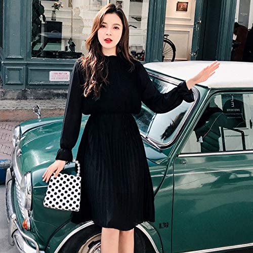 zysymx Primavera y otoño Nuevas señoras Falda Grande con Columpios Cuello de Hoja de Loto Falda Plisada Vestido Largo con Corbata Lindo Vestido Cuadrado Vestidos en Grupo de Mujeres Negro L