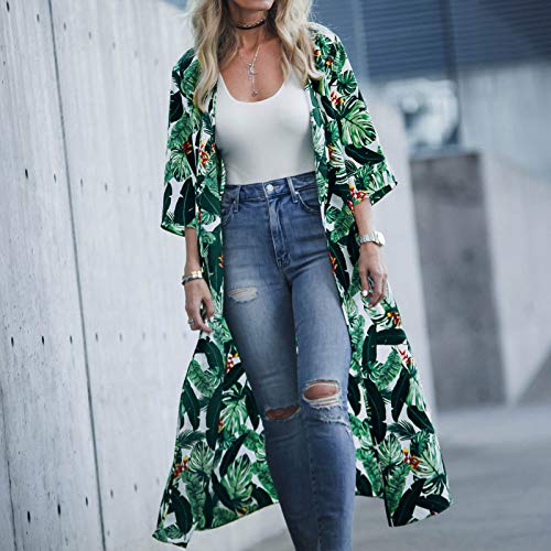 ZYZS Vestido de playa para mujer, bikini, cobertor de playa, poncho kimono, cárdigan, blusa de gran tamaño, blusa de flores, chaqueta de punto, ropa exterior, de gasa, kimono de manga media. verde M