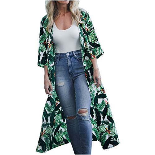 ZYZS Vestido de playa para mujer, bikini, cobertor de playa, poncho kimono, cárdigan, blusa de gran tamaño, blusa de flores, chaqueta de punto, ropa exterior, de gasa, kimono de manga media. verde M