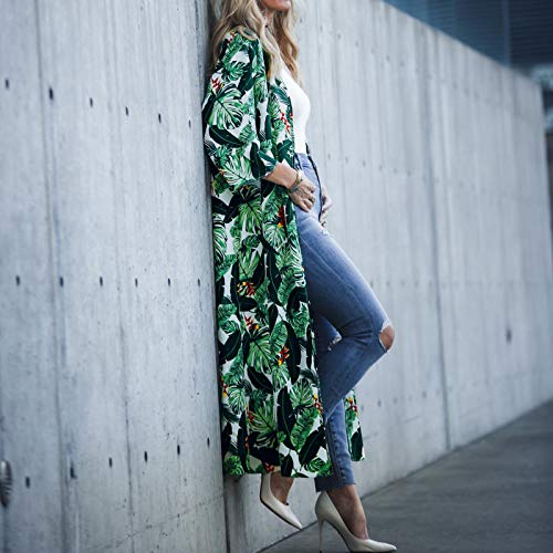 ZYZS Vestido de playa para mujer, bikini, cobertor de playa, poncho kimono, cárdigan, blusa de gran tamaño, blusa de flores, chaqueta de punto, ropa exterior, de gasa, kimono de manga media. verde M