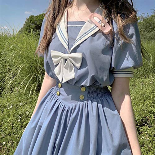 Zzx Japonés Lolita Dulce Vestido Harajuku Cuello de Marinero Vestidos de Marina Vintage Bow Kawaii Girls Estilo Preppy Vestido de Manga Larga (Size : Small)