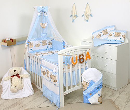 10 Piezas Juego de Ropa de Cama para Maxi Cuna Bebé 140 x 70 cm Edredón Dose, Protector Azul de Peluche