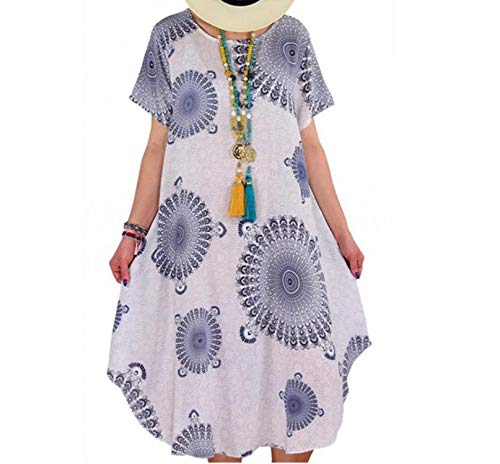 2020 Vestido de punto de impresión Midi talla grande, casual, suelto, manga corta, irregular, largo hasta la rodilla - - Small