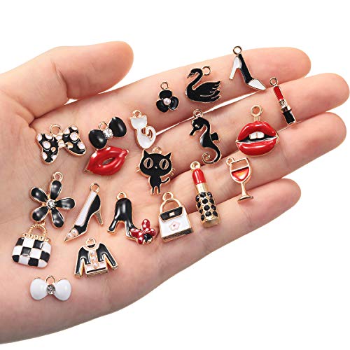 40 Piezas Dijes Para Pulseras Encantos de Esmalte Mixtos de Maquillaje Colgantes Coloridos de Manualidades Bricolaje Dijes de Lápiz Labial Labio Bolsa Sombrero Gato Zapatos Vestido para Joyería Mujer