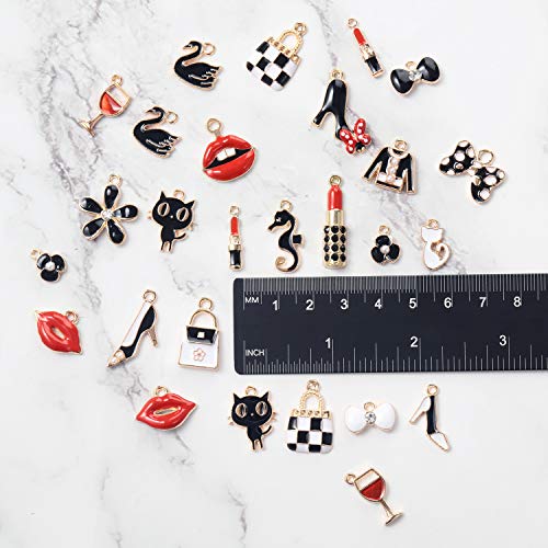 40 Piezas Dijes Para Pulseras Encantos de Esmalte Mixtos de Maquillaje Colgantes Coloridos de Manualidades Bricolaje Dijes de Lápiz Labial Labio Bolsa Sombrero Gato Zapatos Vestido para Joyería Mujer