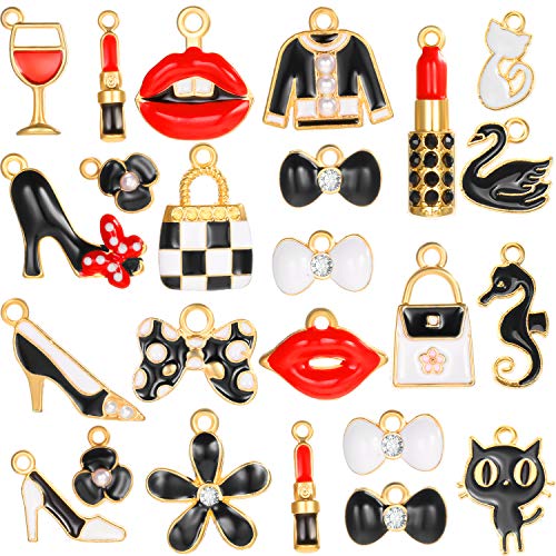40 Piezas Dijes Para Pulseras Encantos de Esmalte Mixtos de Maquillaje Colgantes Coloridos de Manualidades Bricolaje Dijes de Lápiz Labial Labio Bolsa Sombrero Gato Zapatos Vestido para Joyería Mujer