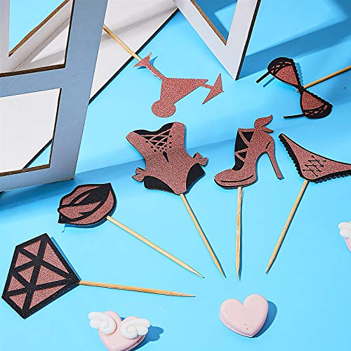 42 Piezas Toppers de Magdalena de Tacones Altos Topper de Pastel de Labio Sostén Calzoncillos Toppers de Tarta de Lencería con Purpurina Topper de Cupcakes de Despedida de Soltera, Oro Rosa