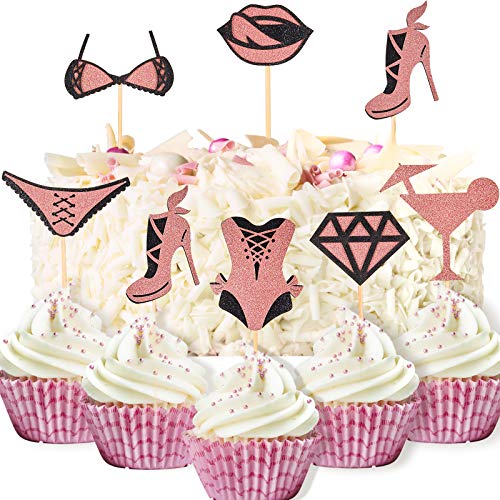 42 Piezas Toppers de Magdalena de Tacones Altos Topper de Pastel de Labio Sostén Calzoncillos Toppers de Tarta de Lencería con Purpurina Topper de Cupcakes de Despedida de Soltera, Oro Rosa