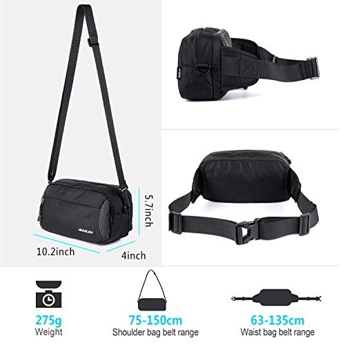 4UMOR Riñonera Mujer y Hombre, Bolsos Mujer Bandolera Hombre Impermeable Bolsa de Pecho con Gran Capacidad Cabe Botella de Agua Bolsa de Hombro Negra Nylon con Bolsillos para Viaje y Excursion