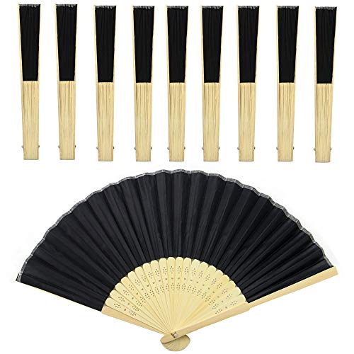 Abanicos japoneses plegables de bambú - Paquete de 10 | Abanico de tela negra | Decoraciones para fiestas y regalos | Pukkr