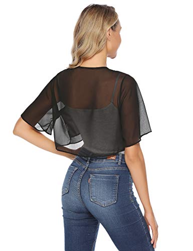 Abollria Bolero Manga Corta Mujer para Fiesta Boda Gasa Chaqueta Corta Primavera Torera Elegante Cárdigan Corto para Verano, Negro, XXL