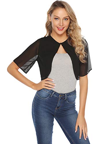 Abollria Bolero Manga Corta Mujer para Fiesta Boda Gasa Chaqueta Corta Primavera Torera Elegante Cárdigan Corto para Verano, Negro, XXL
