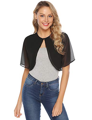 Abollria Bolero Manga Corta Mujer para Fiesta Boda Gasa Chaqueta Corta Primavera Torera Elegante Cárdigan Corto para Verano, Negro, XXL