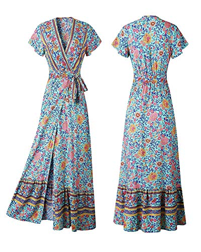 Abravo Mujer Vestido Bohemio Corto Florales Nacional Verano Vestido Casual Magas Cortas Chic de Noche Playa Vacaciones (L, Z-Verde)