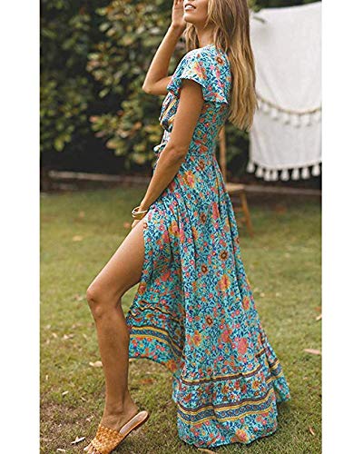 Abravo Mujer Vestido Bohemio Corto Florales Nacional Verano Vestido Casual Magas Cortas Chic de Noche Playa Vacaciones (L, Z-Verde)