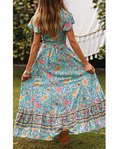 Abravo Mujer Vestido Bohemio Corto Florales Nacional Verano Vestido Casual Magas Cortas Chic de Noche Playa Vacaciones (L, Z-Verde)