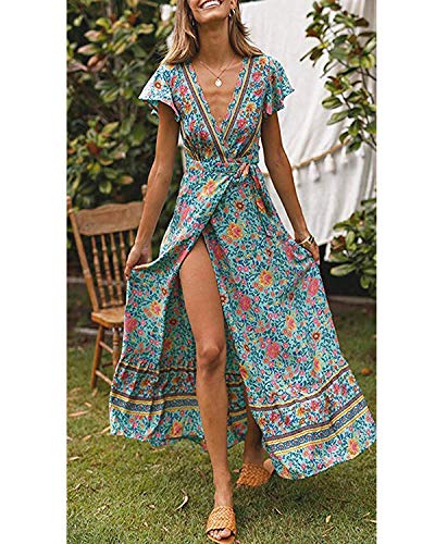 Abravo Mujer Vestido Bohemio Corto Florales Nacional Verano Vestido Casual Magas Cortas Chic de Noche Playa Vacaciones (L, Z-Verde)