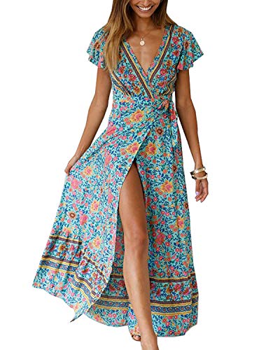 Abravo Mujer Vestido Bohemio Corto Florales Nacional Verano Vestido Casual Magas Cortas Chic de Noche Playa Vacaciones (L, Z-Verde)
