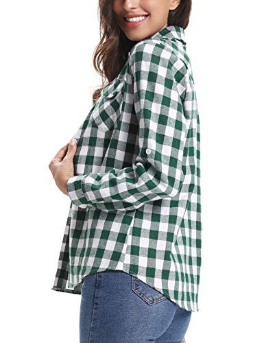 Aibrou Camisa Franela de Cuadros Mujer,Blusa Casual Camisas  Clásica Manga Larga con Botones,Ropa de Trabajo de Equipo  para Primavera Otoño Invierno (Azul, XL)