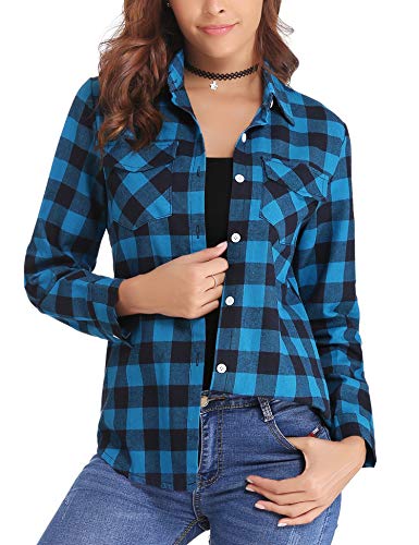 Aibrou Camisa Franela de Cuadros Mujer,Blusa Casual Camisas  Clásica Manga Larga con Botones,Ropa de Trabajo de Equipo  para Primavera Otoño Invierno (Azul, XL)