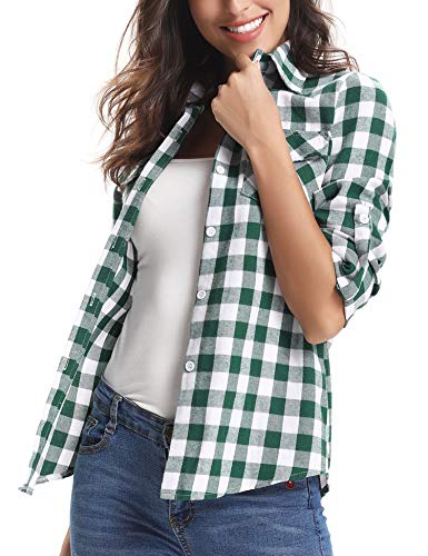 Aibrou Camisa Franela de Cuadros Mujer,Blusa Casual Camisas  Clásica Manga Larga con Botones,Ropa de Trabajo de Equipo  para Primavera Otoño Invierno (Verde Blanco, S)