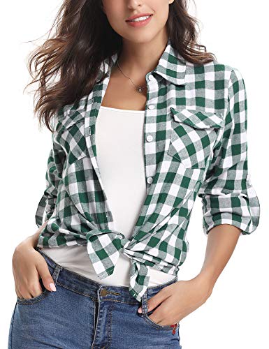 Aibrou Camisa Franela de Cuadros Mujer,Blusa Casual Camisas  Clásica Manga Larga con Botones,Ropa de Trabajo de Equipo  para Primavera Otoño Invierno (Verde Blanco, S)