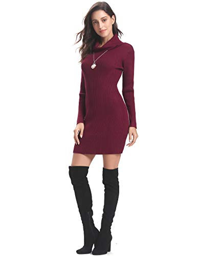 Aibrou Vestido a Punto Suéter Elegante para Mujer Jerséy Clásico para Otoño Invierno,Vestido Jersey Cuello Alto Vino Tinto S