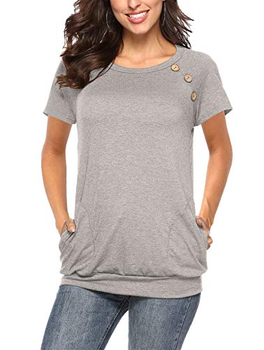 Ajpguot Camisetas Mujer Manga Cuello Redondo con Botón Tops Color Sólido Blusas T-Shirts Casual Camisas con Bolsillo