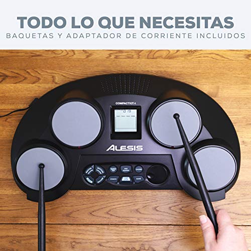 Alesis CompactKit 4 - Batería Electrónica de Sobremesa de 4 Pads Sensibles a la Velocidad, 70 Sonidos, Función de Entrenamiento y de Juego y Baquetas Incluidas, instrumento musical ideal para niños