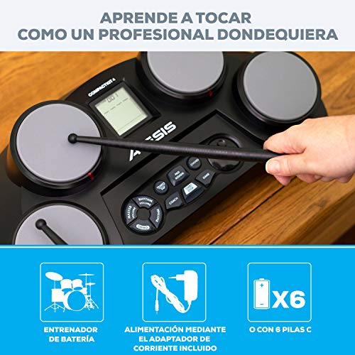 Alesis CompactKit 4 - Batería Electrónica de Sobremesa de 4 Pads Sensibles a la Velocidad, 70 Sonidos, Función de Entrenamiento y de Juego y Baquetas Incluidas, instrumento musical ideal para niños