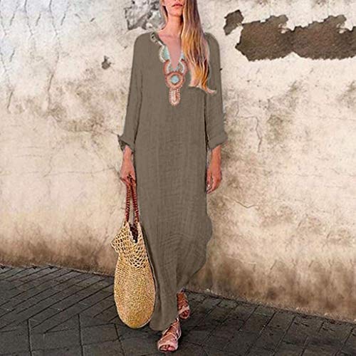 Alessioy Vestido De Verano Caftán Largo Lino con Vestidos De Ranura Playa Vida de la Moda De Mujer E Es Sin Mangas E E De Mujer del Vestido Ibiza Hippie V Escote (Color : Khaki, One Size : 3XL)