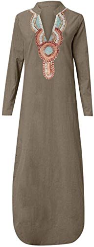 Alessioy Vestido De Verano Caftán Largo Lino con Vestidos De Ranura Playa Vida de la Moda De Mujer E Es Sin Mangas E E De Mujer del Vestido Ibiza Hippie V Escote (Color : Khaki, One Size : 3XL)