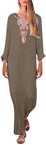 Alessioy Vestido De Verano Caftán Largo Lino con Vestidos De Ranura Playa Vida de la Moda De Mujer E Es Sin Mangas E E De Mujer del Vestido Ibiza Hippie V Escote (Color : Khaki, One Size : 3XL)