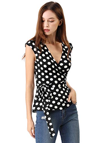 Allegra K Blusa Top De Puntos Frente Envoltura Cuello En V Sin Mangas para Mujeres Blanco Negro XL