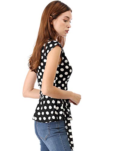 Allegra K Blusa Top De Puntos Frente Envoltura Cuello En V Sin Mangas para Mujeres Blanco Negro XL