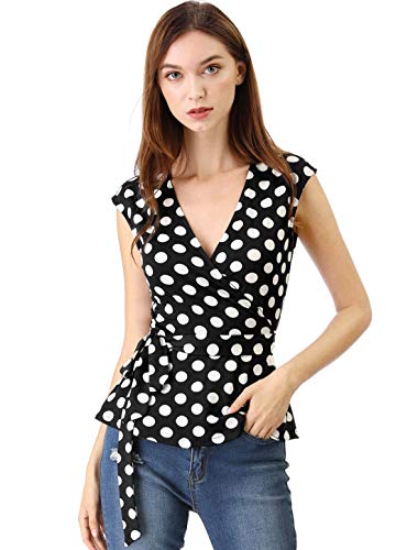 Allegra K Blusa Top De Puntos Frente Envoltura Cuello En V Sin Mangas para Mujeres Blanco Negro XL