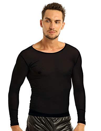 Alvivi Camiseta Manga Larga para Hombre Cuello Redondo Camiseta Deportiva Básica Semi-Transparente Elástica Sexy Negro XL